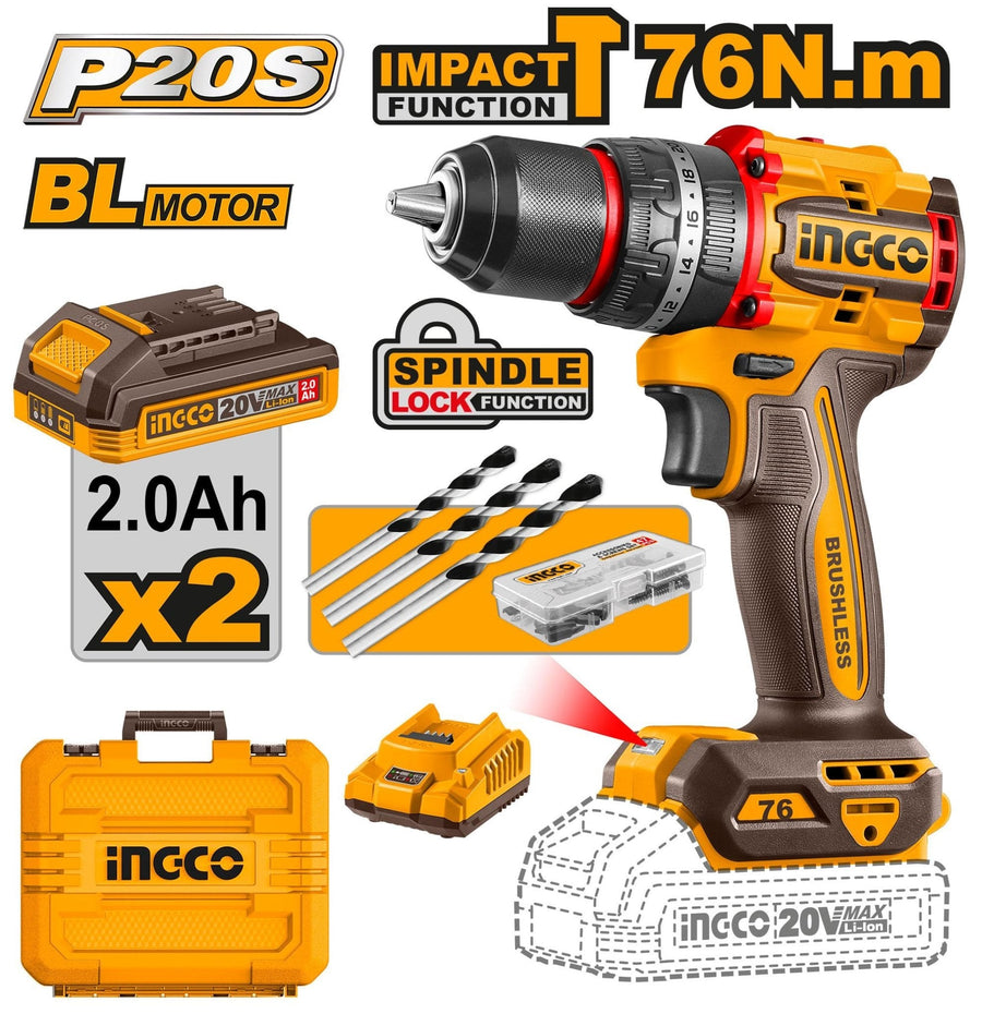 Perceuse à percussion brushless 76 Nm INGCO – CIDLI20768 - SME IMPORT