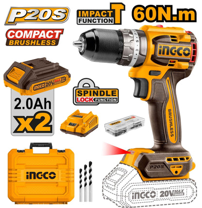 Perceuse à percussion compacte brushless 20 V 60 Nm INGCO – CIDLI20602 | Puissance, précision et mobilité sans fil