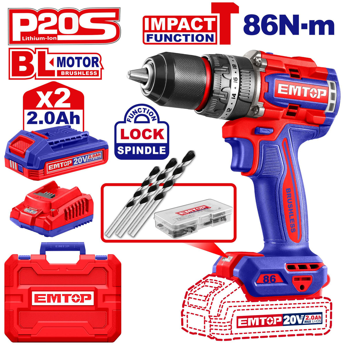 Perceuse visseuse 20V 86NM 2B2AH EMTOP ECIDL208687 - SME IMPORT