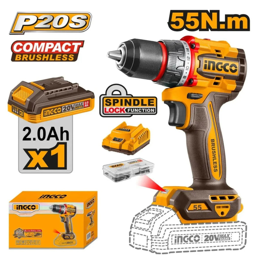 Perceuse-visseuse compacte sans fil 20 V 55 Nm INGCO – CDLI205582 - SME IMPORT