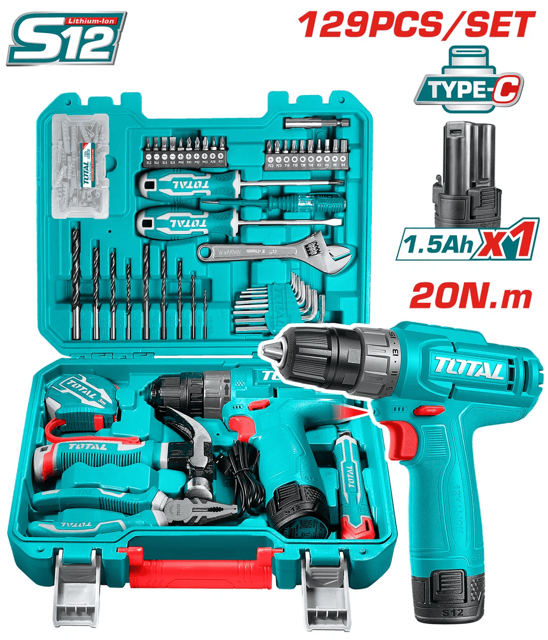 Perceuse visseuse sans fil 12V TOTAL S12 kit 129 pièces type c recharge THKTHP11292 - SME IMPORT
