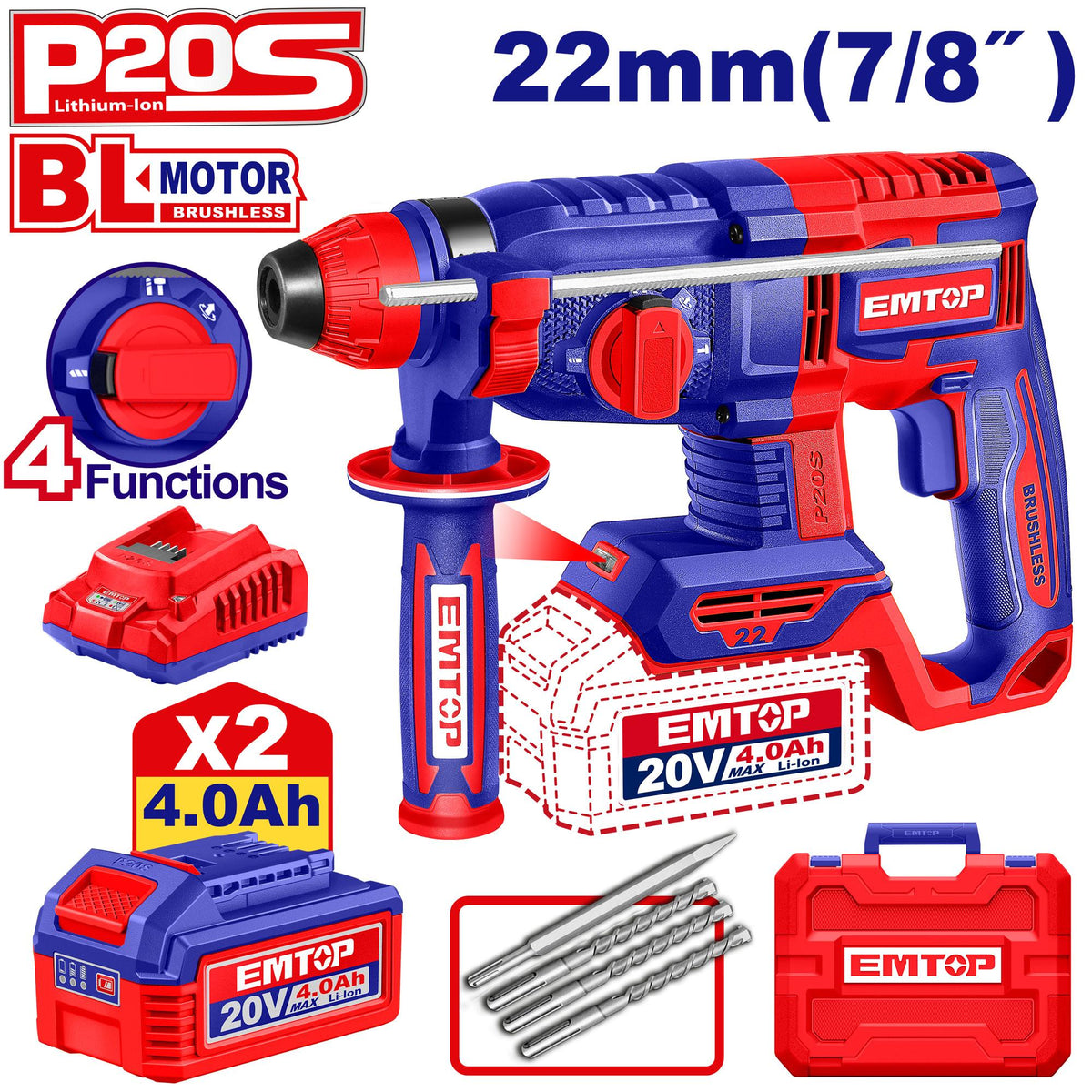 Perfo SDS+20V 2B 4AH 22 brush+ac EMTOP ELRH212282 - SME IMPORT