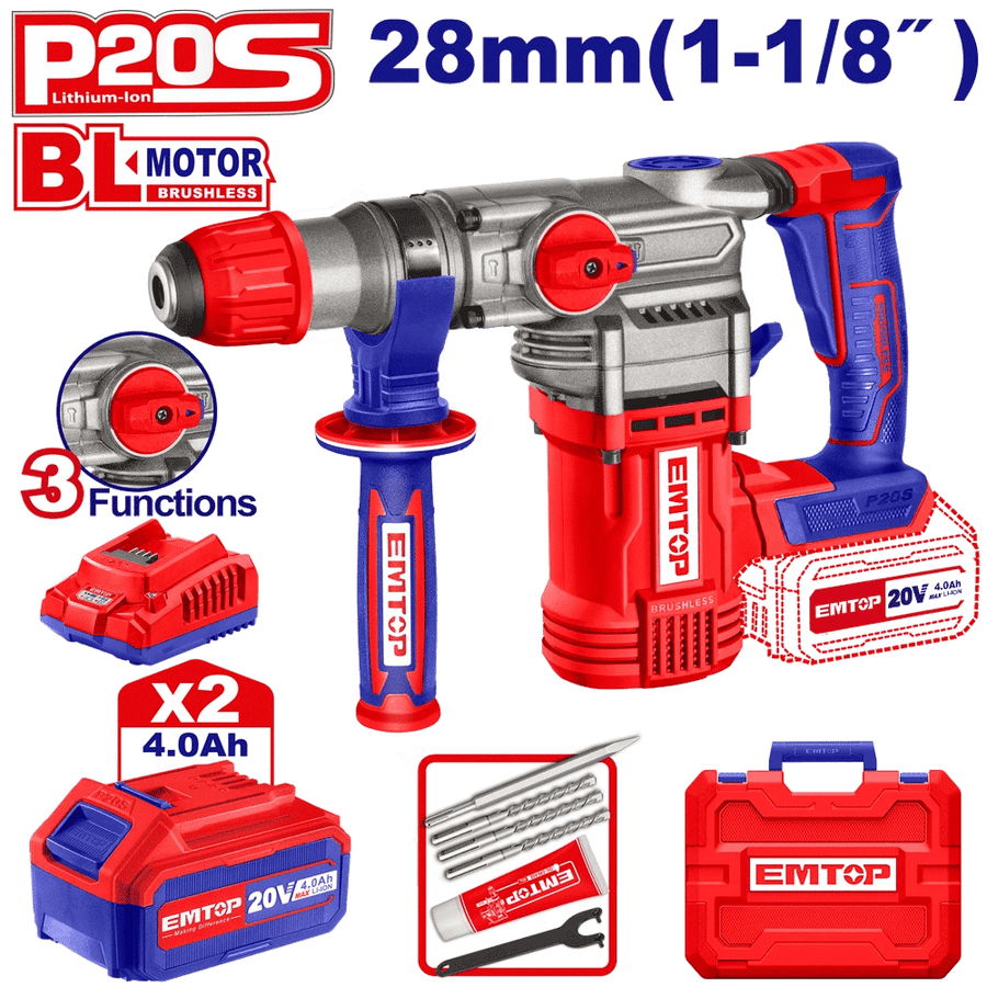 Perfo SDS+20V 2B 4AH 28 brush+ac EMTOP ELRH202882 - SME IMPORT