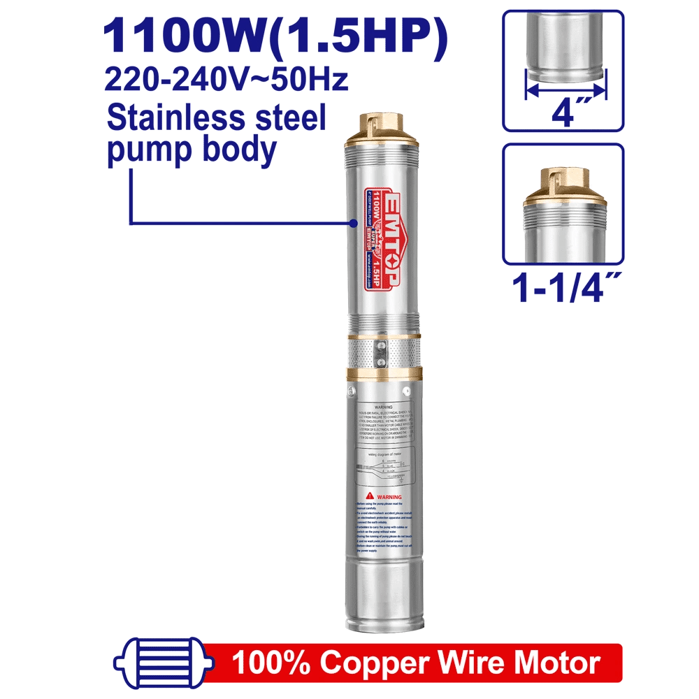 Pompe immergée 4″1.5HP H112M 220V EMTOP EWPPD11001 - SME IMPORT