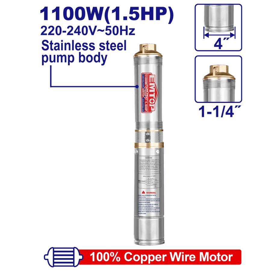 Pompe immergée 4″1.5HP H112M 220V EMTOP EWPPD11001 - SME IMPORT