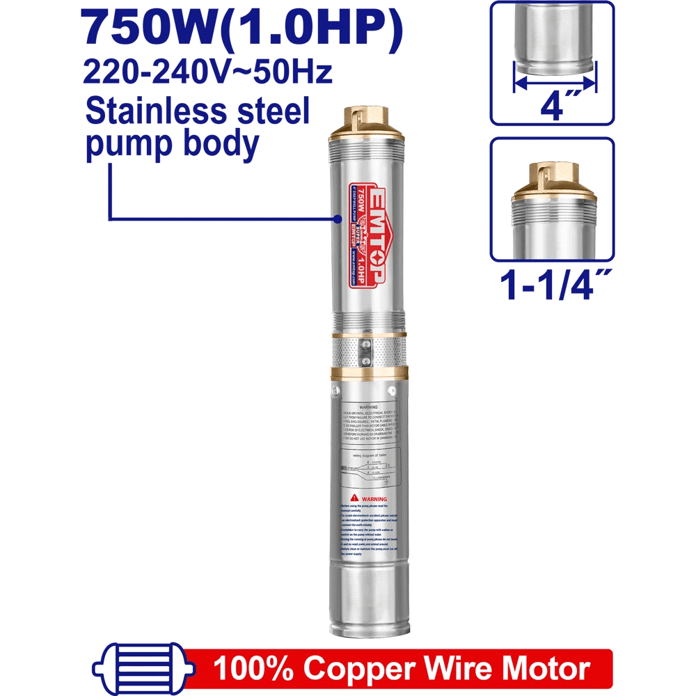 Pompe immergée 4″1HP H82M 220V EMTOP EWPPD07501 - SME IMPORT