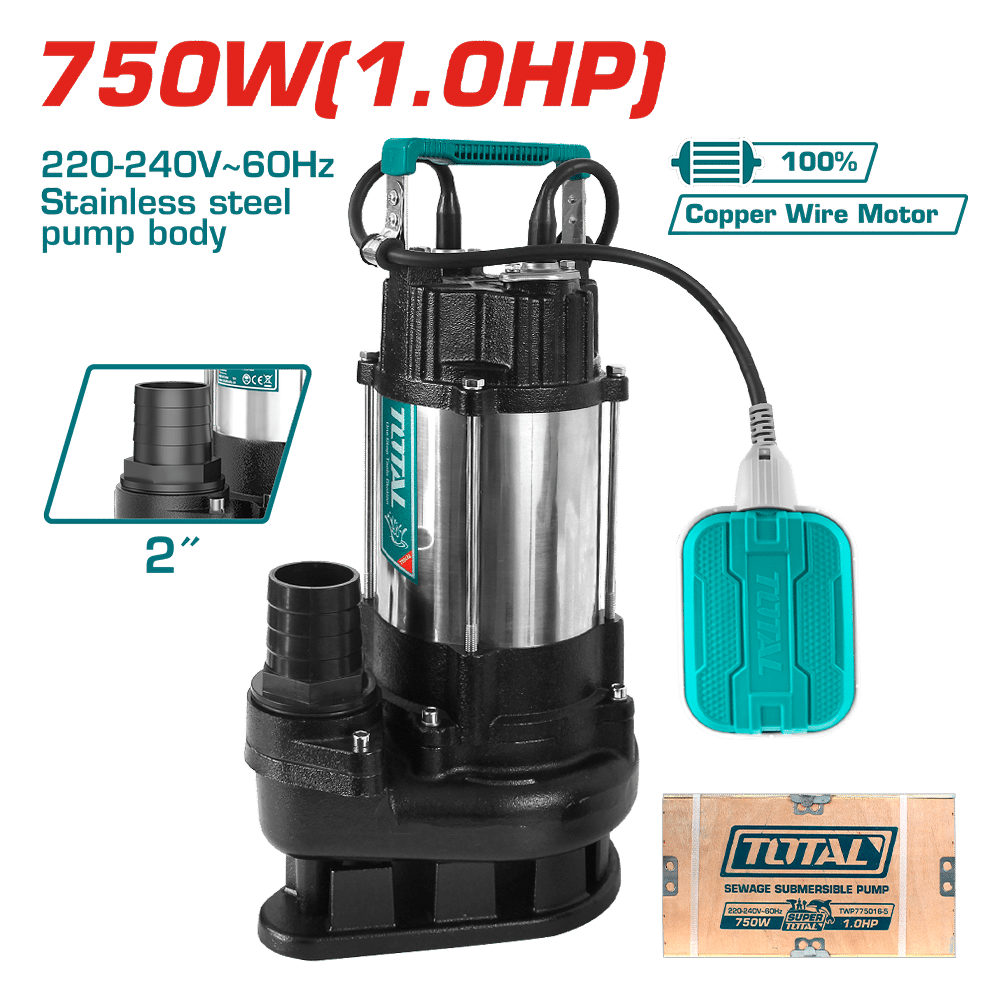 Pompe submersible pour eaux usées Inox 750 w 1 cv TOTAL TWP775016 refoulement 8 m - SME IMPORT