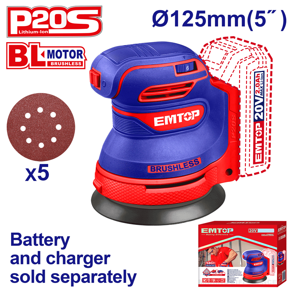 Ponceuse excentrique 20V 125MM EMTOP ELROS2002 - SME IMPORT