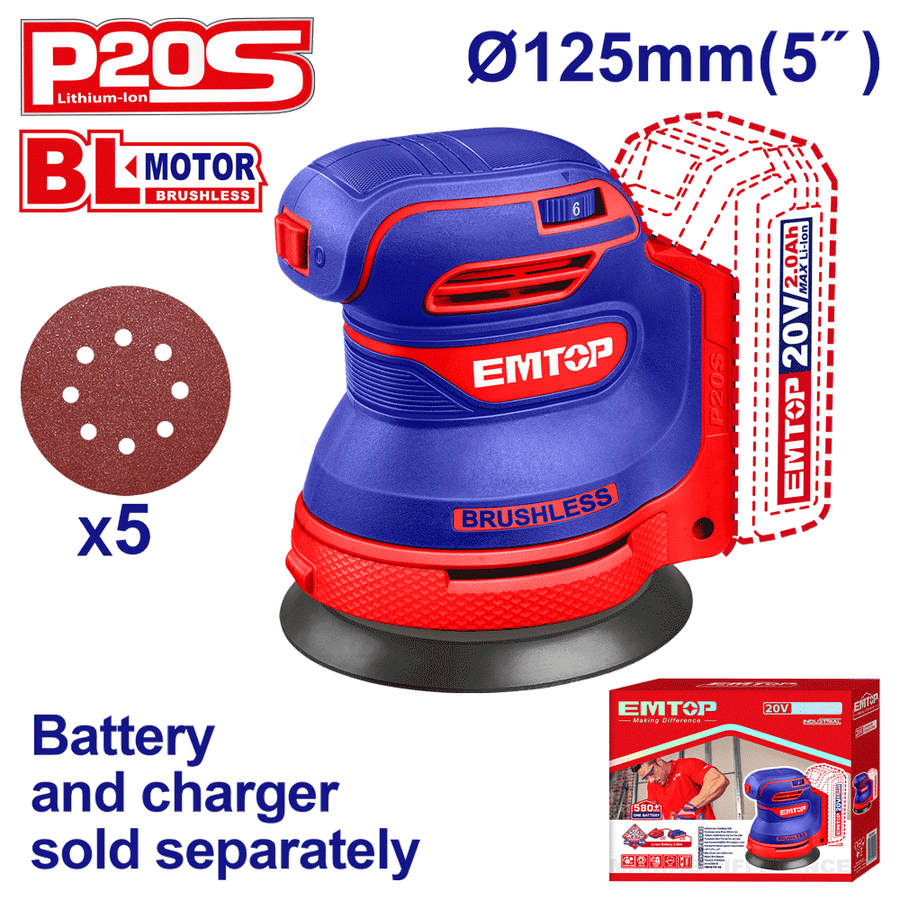 Ponceuse excentrique 20V 125MM EMTOP ELROS2002 - SME IMPORT