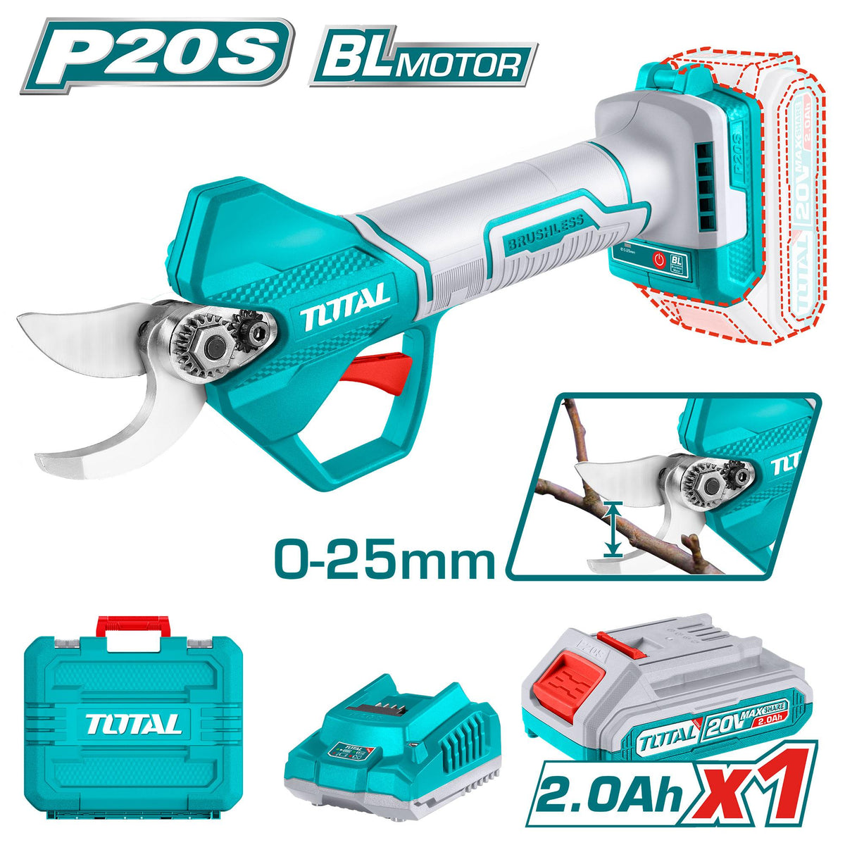 Sécateur à batterie 20V – TOTAL jardin – TSSLI202581 - SME IMPORT