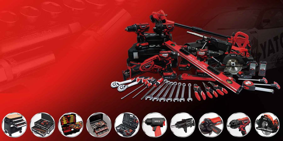 YATO — sélection d’outils à main et d’outillage électroportatif rouges et noirs.