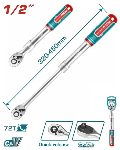 Clé à cliquet réversible demi pouce extensible 72 dents TOTAL THT106128L