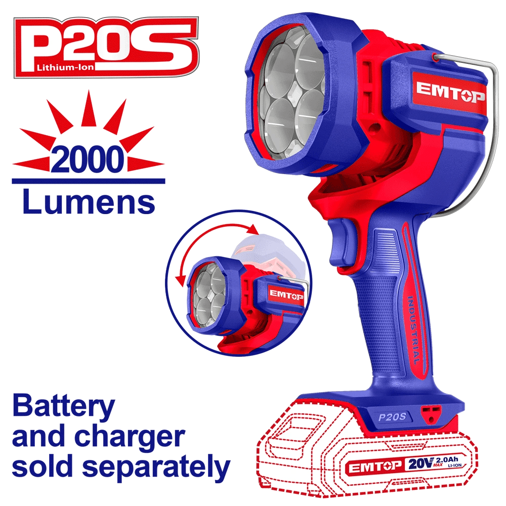 Torche LED 20V 2000 lumens EMTOP ELWLI2088 - SME IMPORT
