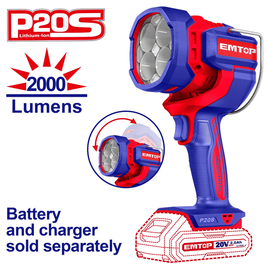Torche LED 20V 2000 lumens EMTOP ELWLI2088 - SME IMPORT