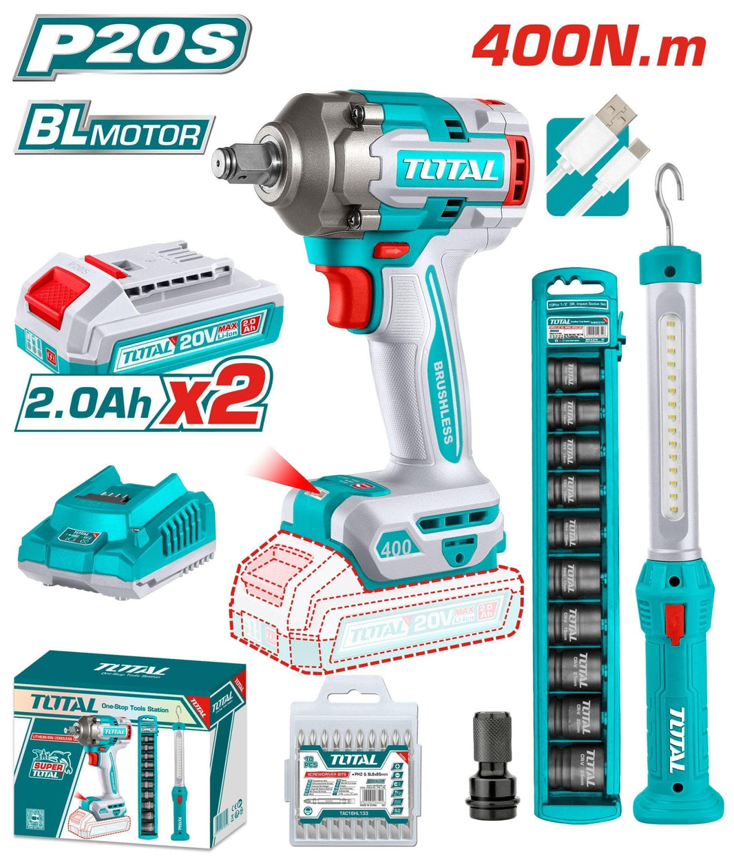 TOSLI23048 kit clé à choc TOTAL 20V 400Nm baladeuse - SME IMPORT