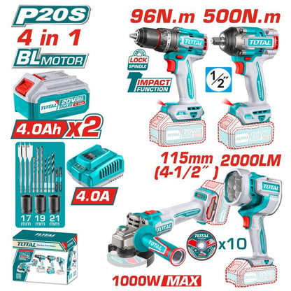 TOSLI241292 kit 4En1 20V brushless TOTAL 500Nm clé à chocs - SME IMPORT