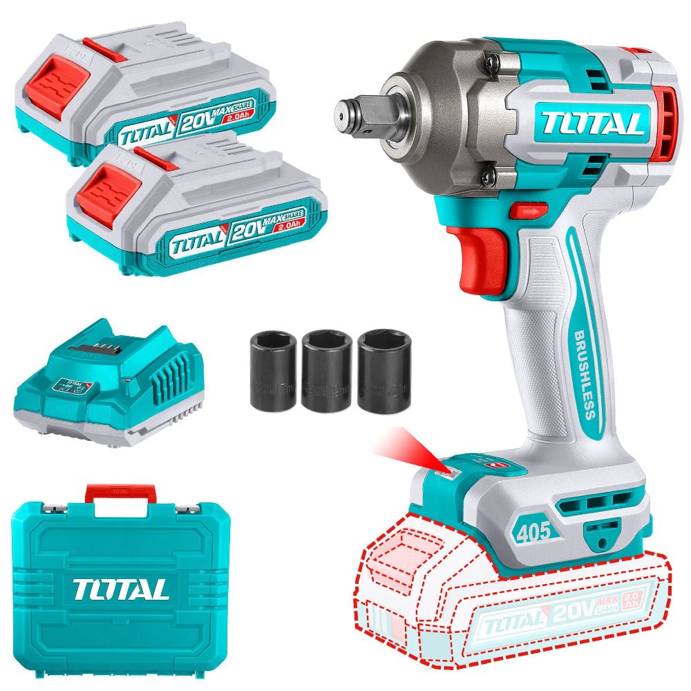 TOTAL clé à choc sans fil 20V brushless 1/2 pouce 405 nm kit TIWLI2045