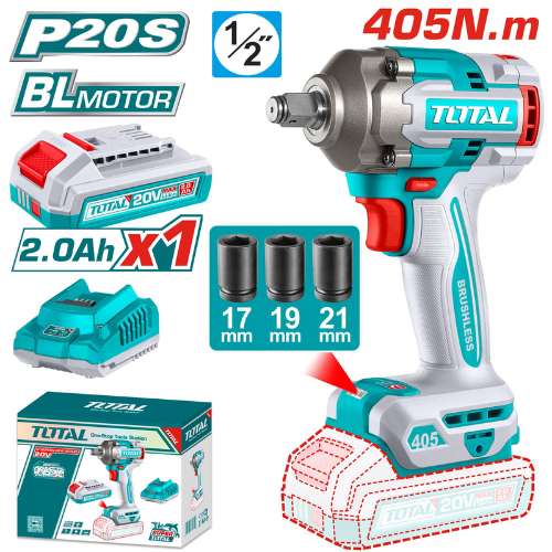 TOTAL clé à choc sans fil carré 12,7 mm 405 nm brushless 20V pro TIWLI20455 - SME IMPORT