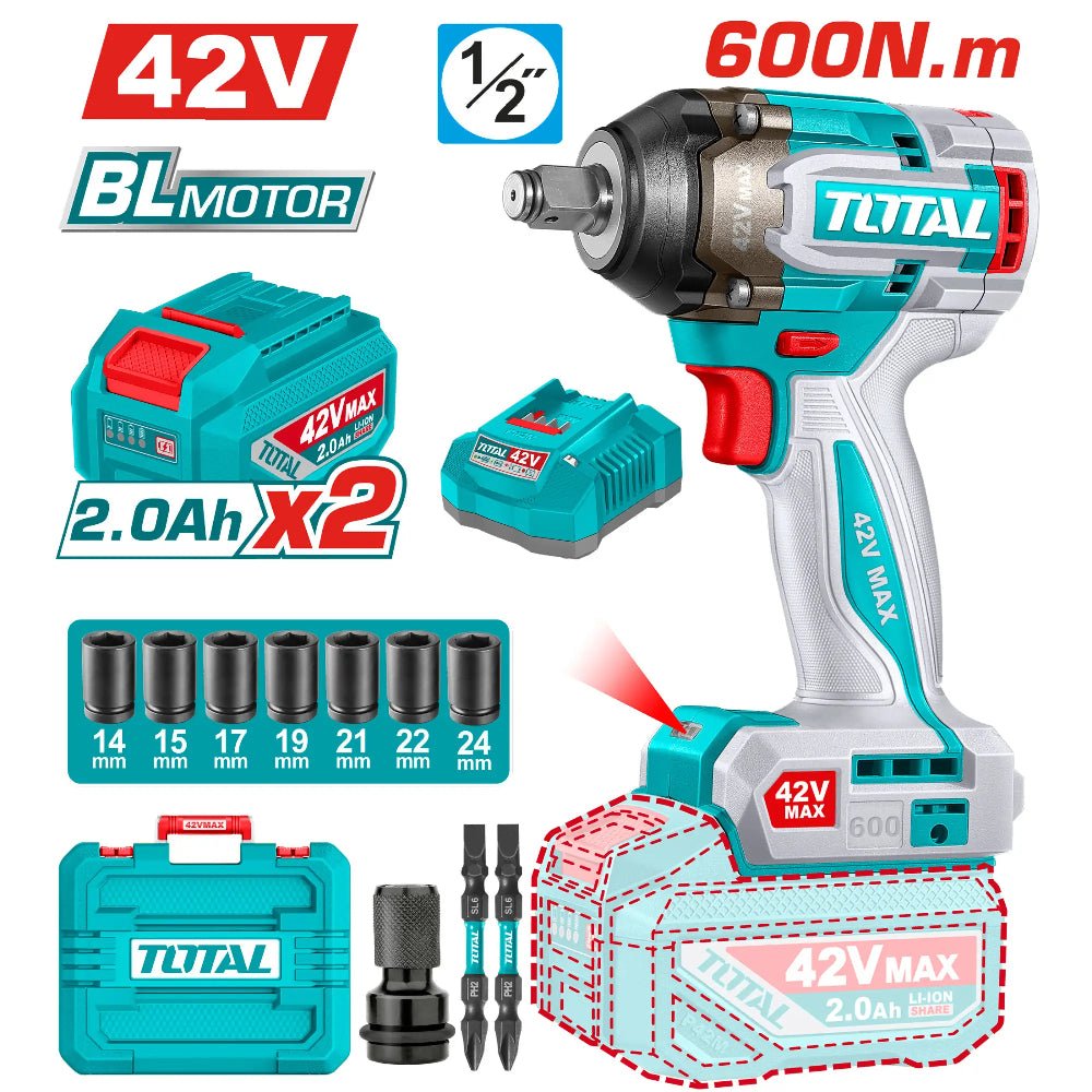 TOTAL clé à chocs sans fil 42V 600 nm 1/2 pouce TIWLI42602