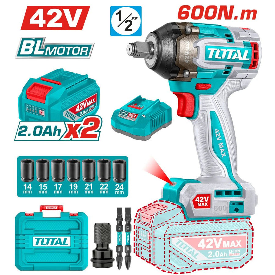 TOTAL clé à chocs sans fil 42V 600 nm 1/2 pouce TIWLI42602