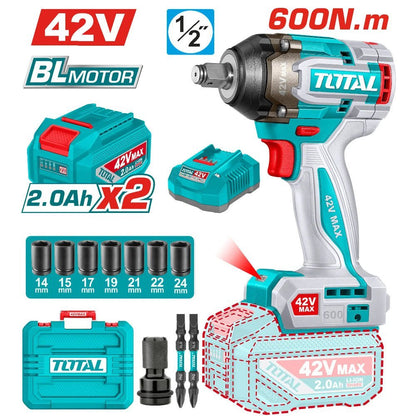 TOTAL clé à chocs sans fil 42V 600 nm 1/2 pouce TIWLI42602 - SME IMPORT