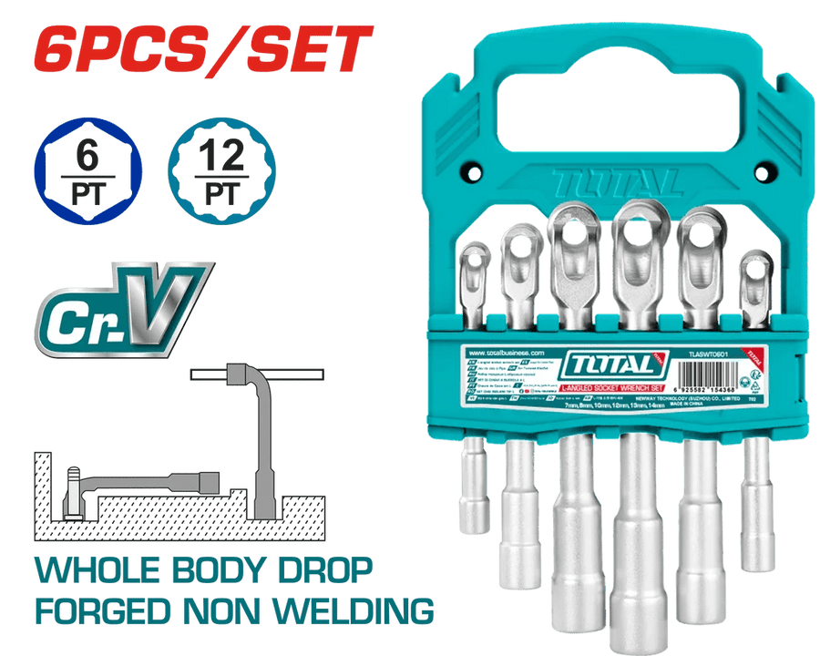TOTAL clés à douilles coudées 7-14 mm haute performance durable CrV TLASWT0601 - SME IMPORT