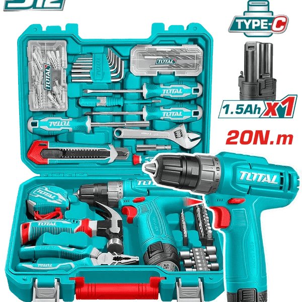 TOTAL coffret outils 12 v 148 pièces avec perceuse visseuse sans fil THKTHP41487 - SME IMPORT