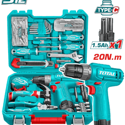 TOTAL coffret outils 12 v 148 pièces avec perceuse visseuse sans fil THKTHP41487 - SME IMPORT