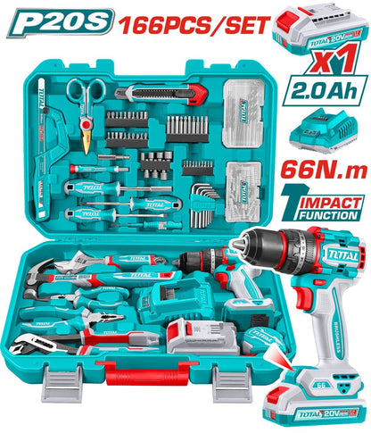 TOTAL coffret outils 20V perceuse visseuse brushless 166 pièces THKTHP41667