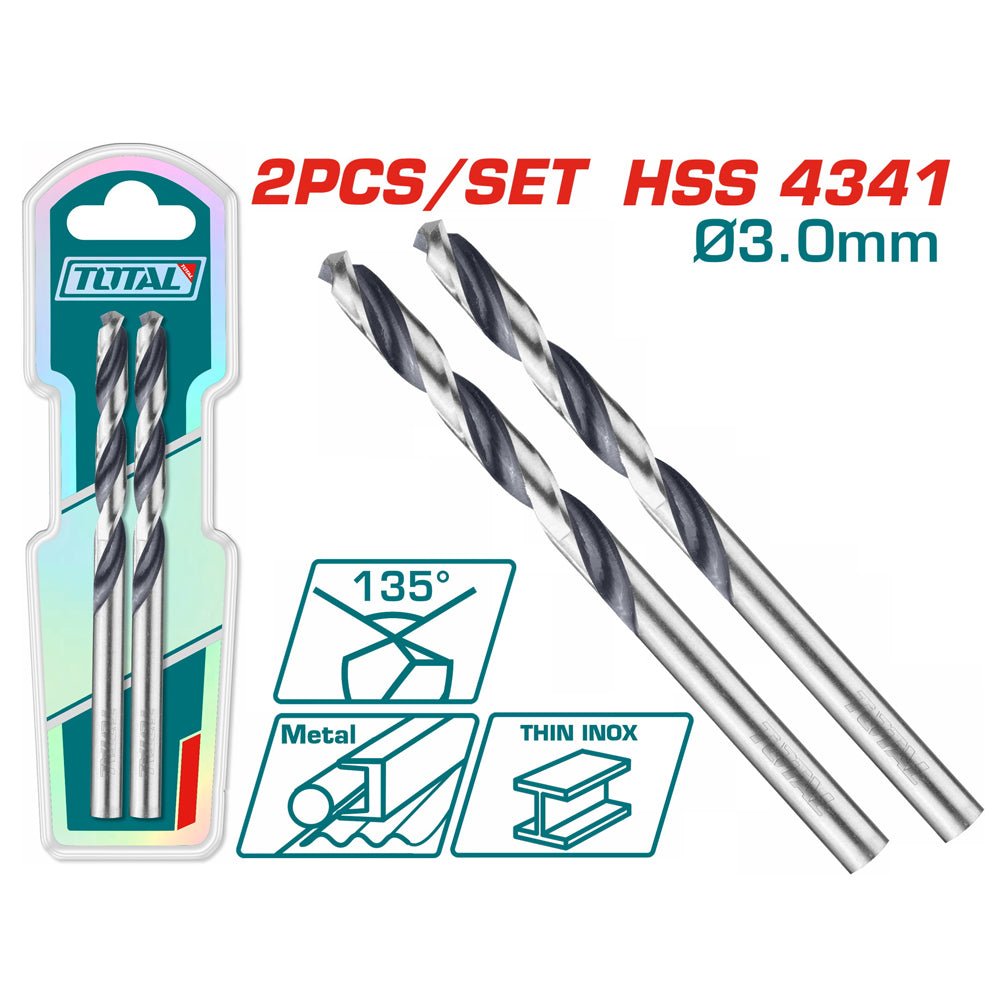 TOTAL forets HSS 3,0 mm 2 pièces pour métal pointe 135 degres cylindrique TAC1200034