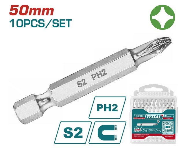TOTAL jx 10 embouts PH2 acier S2 50 mm boîte fiables tac16ph223 - SME IMPORT