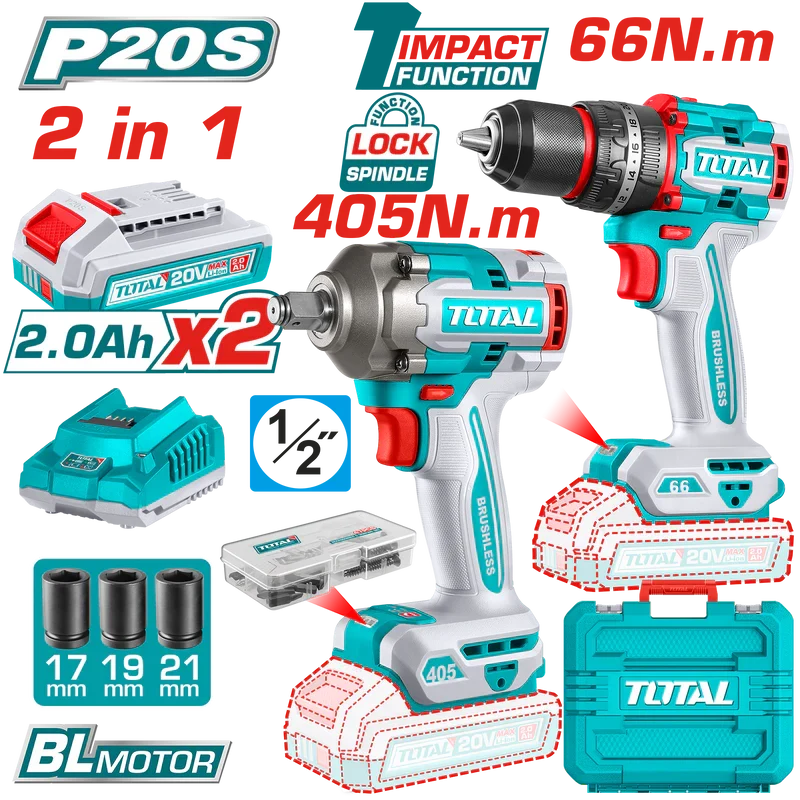 TOTAL kit 2 en 1 brushless 20V avec 2 batteries 2.0Ah TCKLI20286 - SME IMPORT