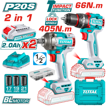 TOTAL kit 2 en 1 brushless 20V avec 2 batteries 2.0Ah TCKLI20286