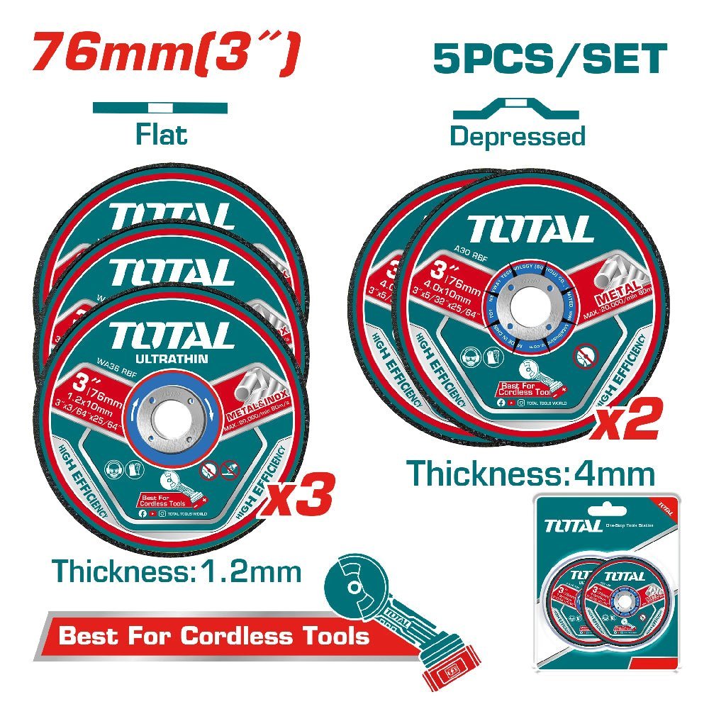 TOTAL kit 5 disques tronçonner 76 mm métal Inox alésage 10 mm 1,2 mm TAC303768 - SME IMPORT