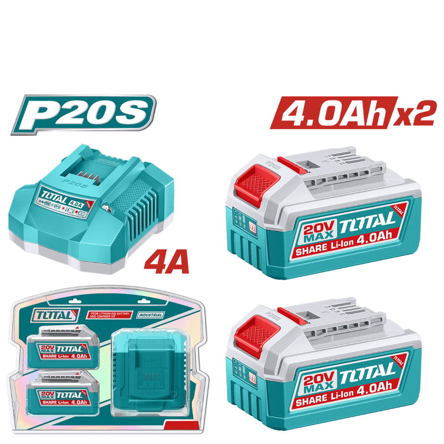 TOTAL kit chargeur rapide 4A et 2 batteries 20V 4Ah P20S TFBCPK2013