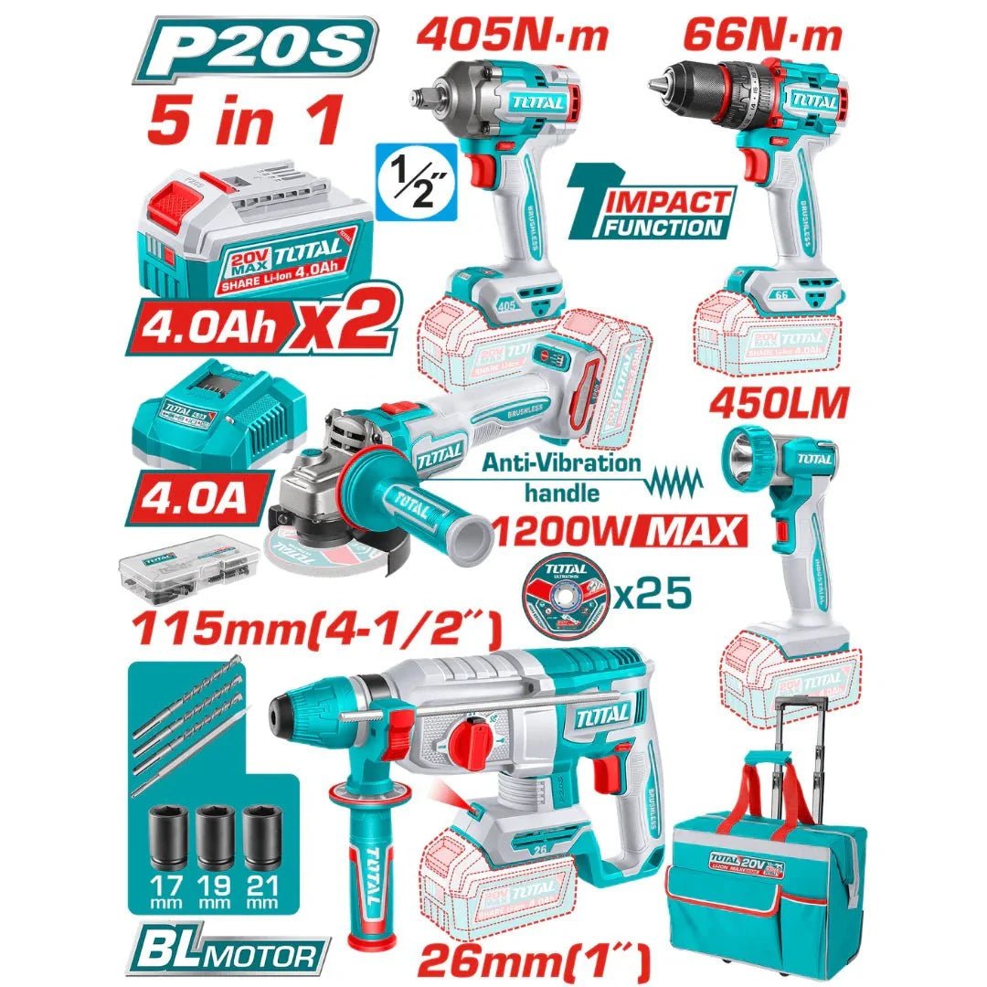 TOTAL kit outillage 5 en 1 20V 2,4Ah avec 2 batteries et chargeur TCKLI20595 - SME IMPORT