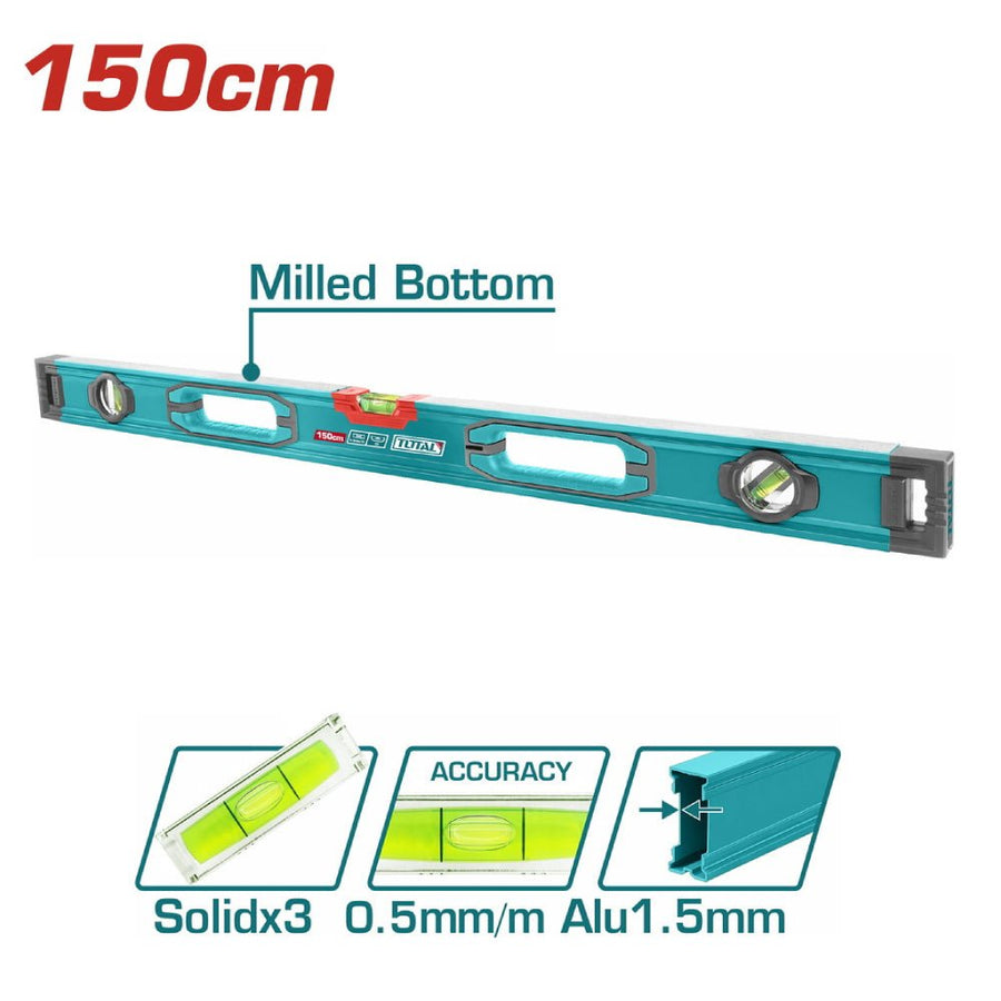 TOTAL niveau à eau 150 cm milled bottom aluminium 1,5 mm 3 fioles TMT215028 - SME IMPORT