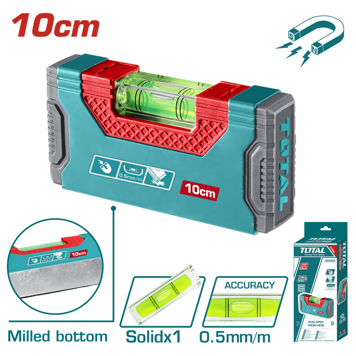 TOTAL niveau bulle magnétique 10 cm précision 0,5 mm/m base aimantée TMT205101 - SME IMPORT