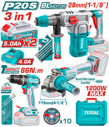 TOTAL P20S brushless 20V 3 outils sans fil avec batteries 5.0Ah TOSLI251195 - SME IMPORT