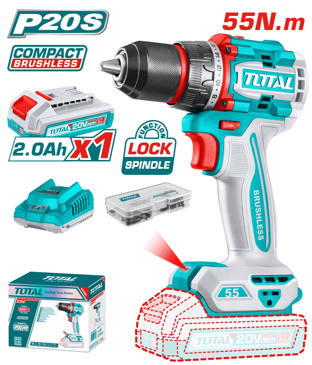 TOTAL P20S perceuse visseuse sans fil 20V brushless compacte 55 nm TDLI205582 - SME IMPORT