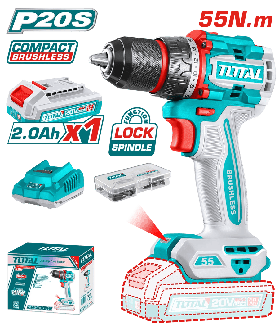 TOTAL P20S perceuse visseuse sans fil 20V brushless compacte 55 nm TDLI205582 - SME IMPORT