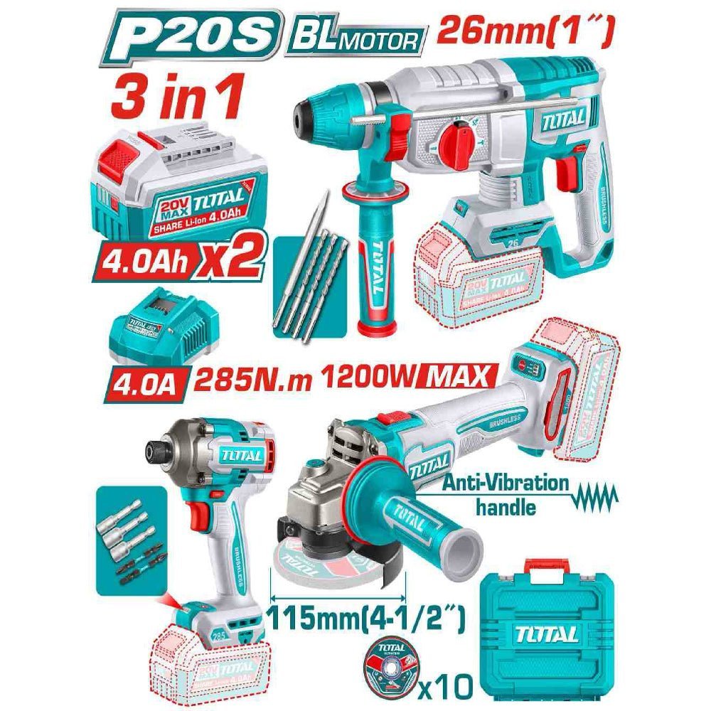 TOTAL pack 3 en 1 perforateur meuleuse visseuse brushless 20V 1200W TOSLI260191 - SME IMPORT