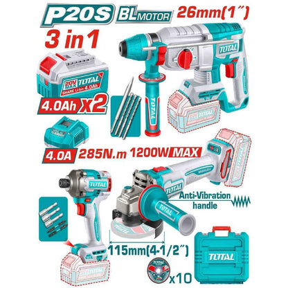 TOTAL pack 3 en 1 perforateur meuleuse visseuse brushless 20V 1200W TOSLI260191 - SME IMPORT