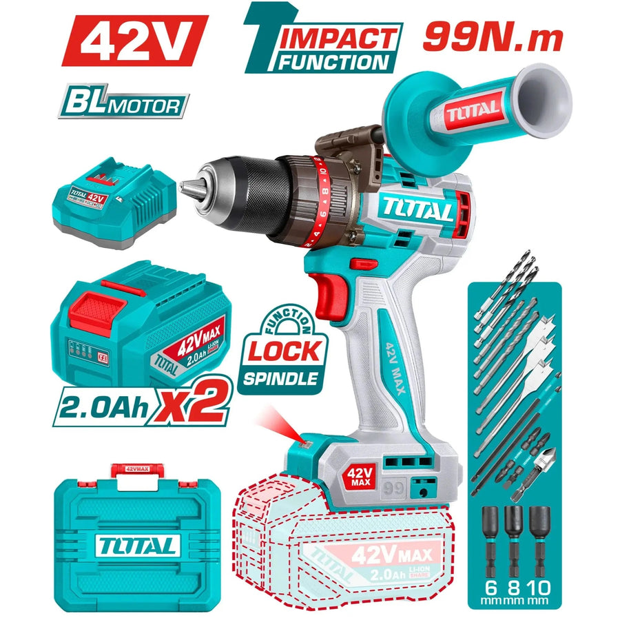 TOTAL perceuse à percussion 42V brushless 99 nm mandrin auto serrant TIDLI429982 - SME IMPORT