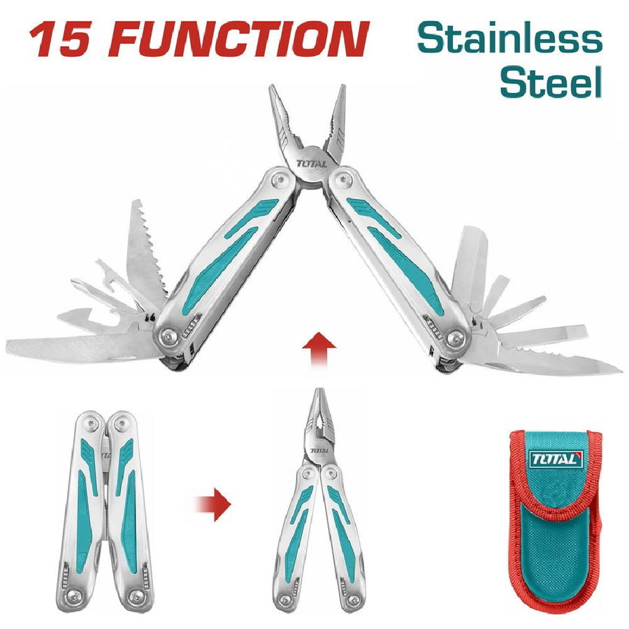 TOTAL pince multifonction pliable 15 fonctions acier inoxydable étui TFMFT01151 - SME IMPORT