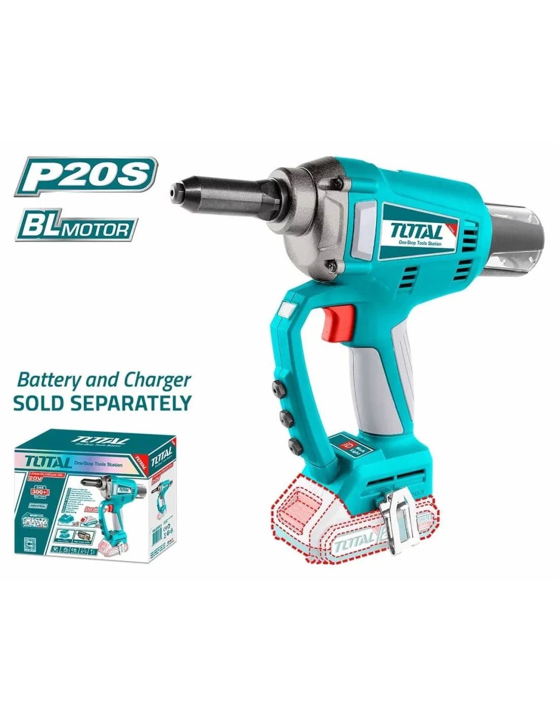 TOTAL riveteuse sans fil 20 v 2 ah brushless 20 kn 25 mm éclairage TRTLI2005 - SME IMPORT