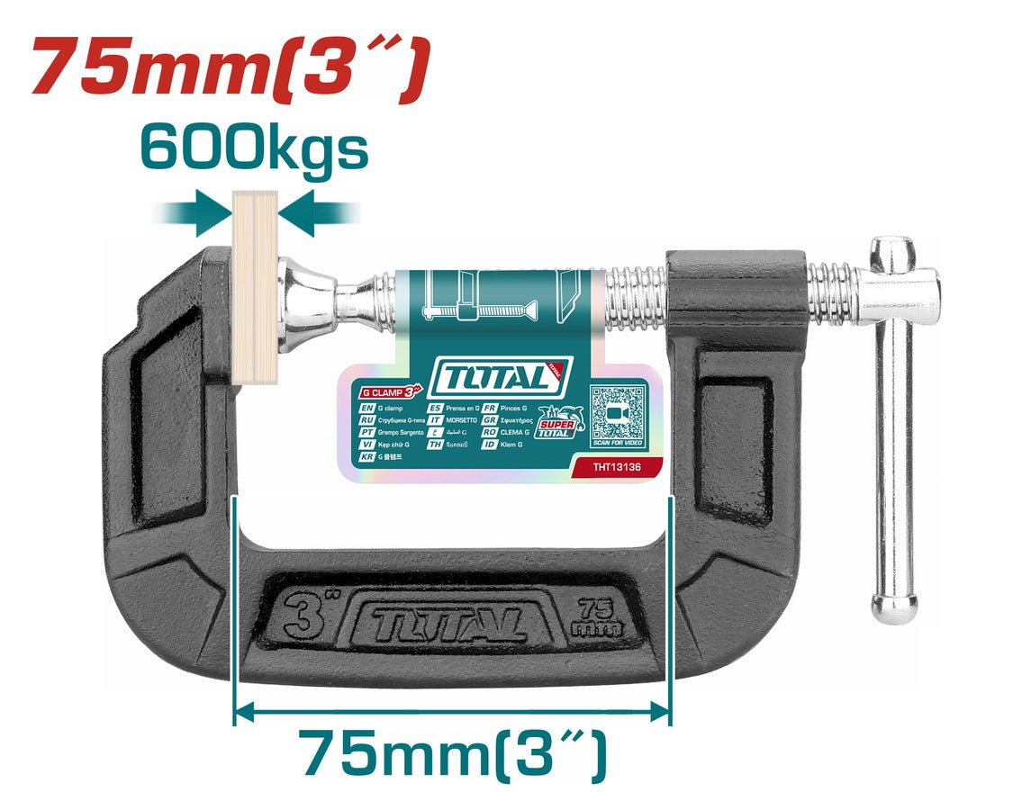 TOTAL serre joint en c 75 mm capacité 600 kg THT13136 - SME IMPORT
