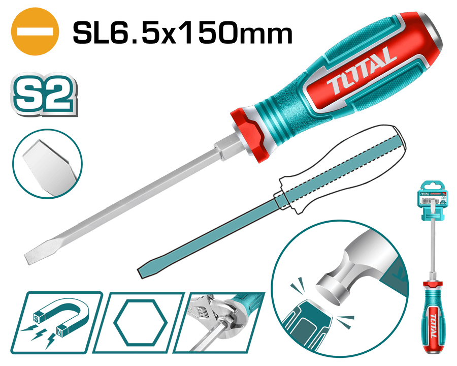 TOTAL tournevis plat 6,5 x 150 mm lame S2 magnétique précision TGTSL6150 - SME IMPORT