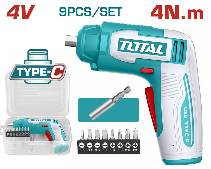 TOTAL tournevis sans fil 4V compact USB type c 9 pièces 4 n.m TSDLI0458