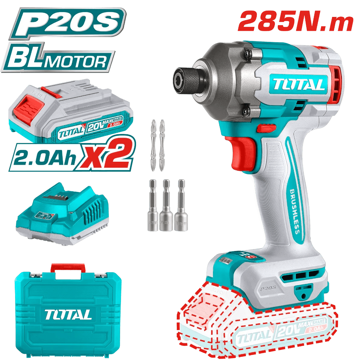 TOTAL visseuse à choc sans fil P20S 20 v brushless 285 nm kit 2x2Ah TIRLI2028 - SME IMPORT